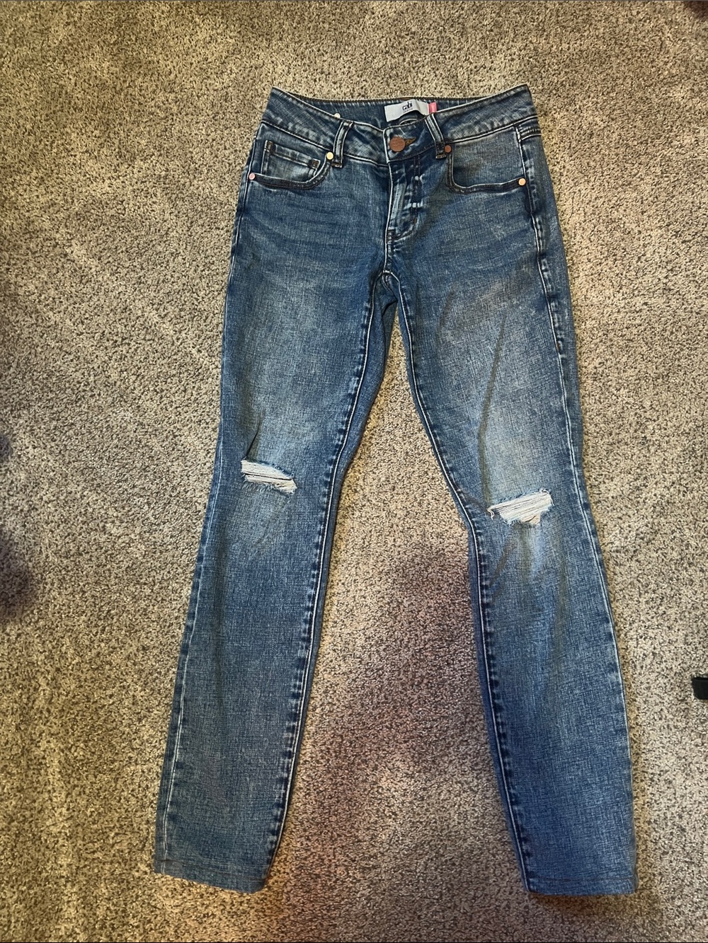 CAbi Women's Distressed Skinny Jeans in Blue Wash